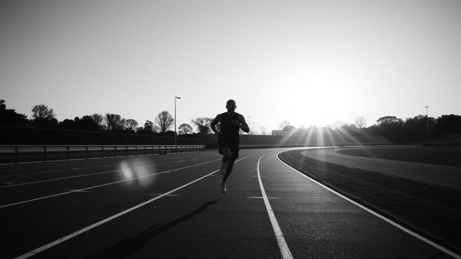 A man running on an outdoor track at sunrise